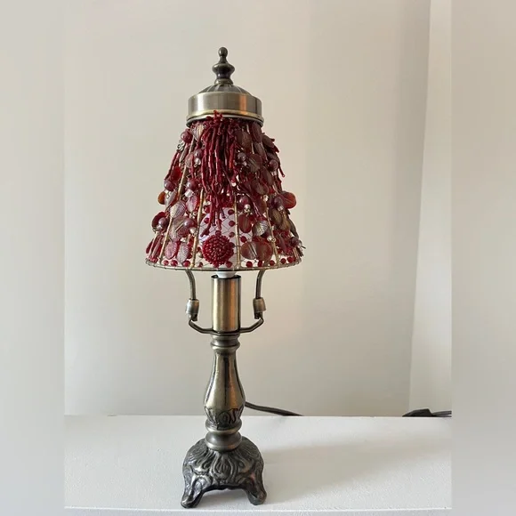 Vintage Red Glass Beaded Table Lamp with Bronze Base - Picture 2 of 6